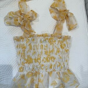 En Saison Yellow and White Smocked Peplum Tank Top